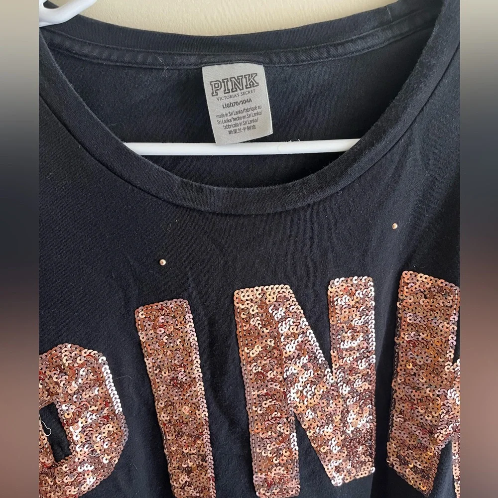 PINK Victoria's Secret Black Tee with  Sequin Logo - Picture 3 of 7
